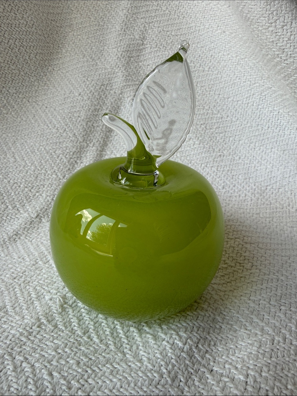 Green Glass Apple Figurine with Clear Leaf Accent